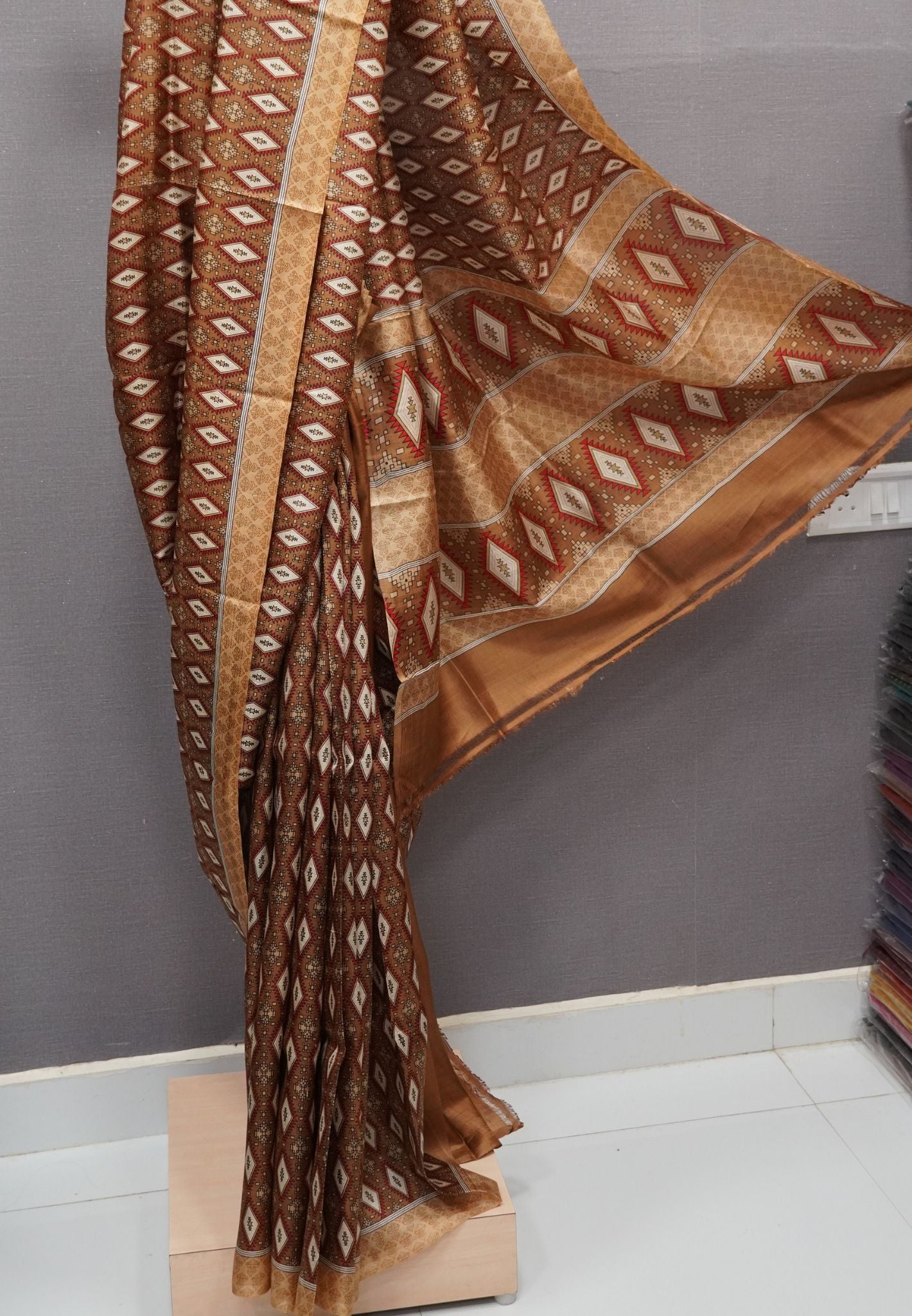 Pure Tussar Saree-Khaki in Diamond Pattern