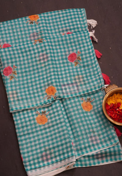 Linen Saree - Checks Sea Green