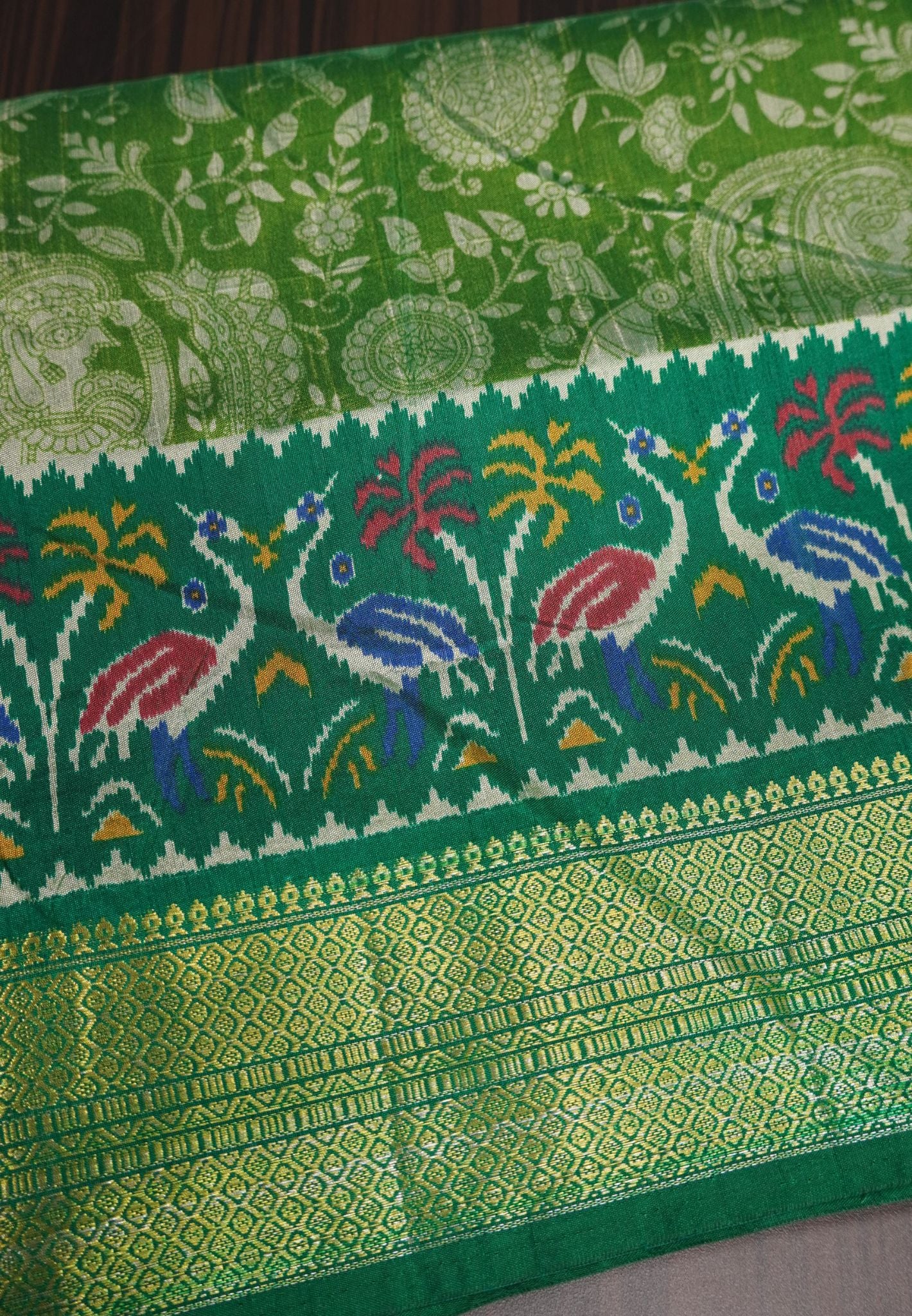Semi Patola Saree Floral Pattern-Green