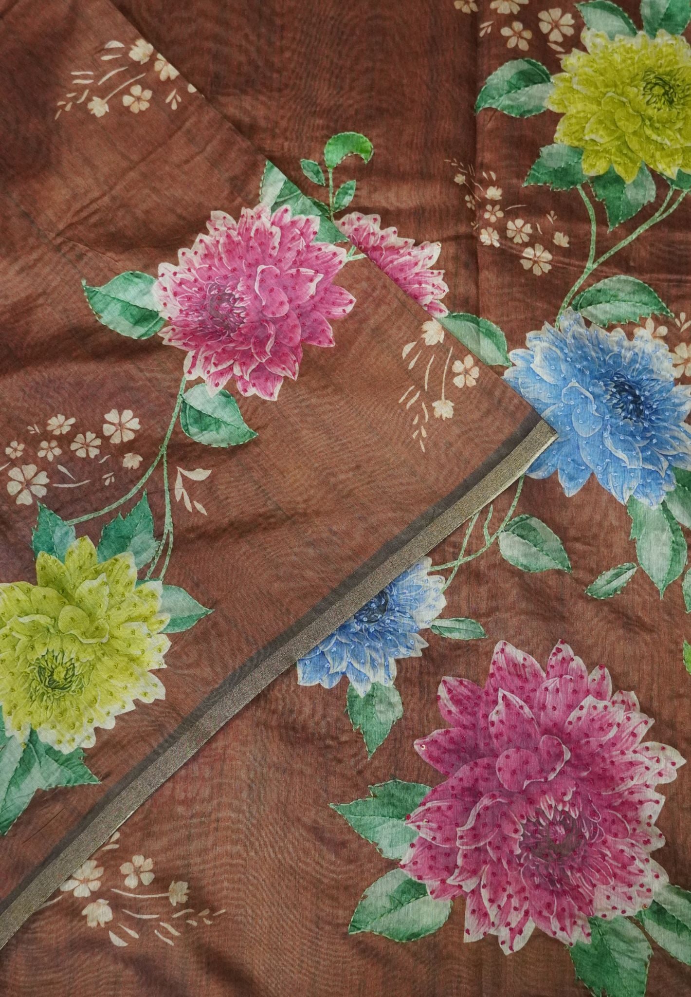Chanderi Saree-Brown with French Knot and Kantha Work
