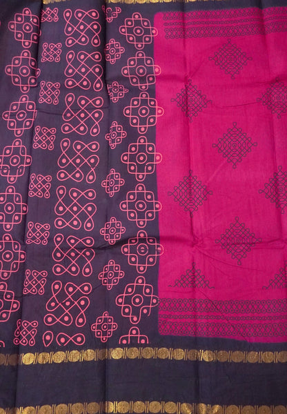 Sungudi Cotton Saree-Rani Pink with Contrast Retapet Border in Kolam Pattern