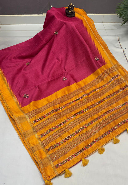 Jute Tussar Saree-Rani Pink with Embriodery Floral Motif