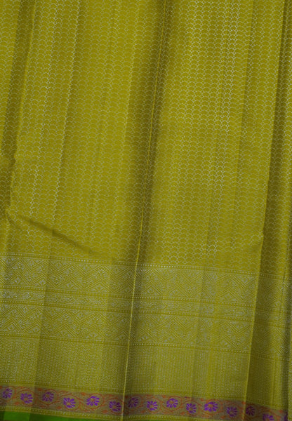 Pure Kanchipuram Silk-Yellow with Silver Zari and Floral Border