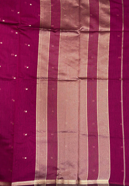 Semi Maheswari Saree-Magenta In Double Line Zari Stripe Border