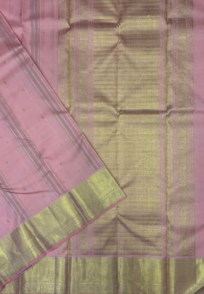 Pure Kanchipuram Silk Saree-Peach Bridal In Geometric Zari Line with Contrast Border
