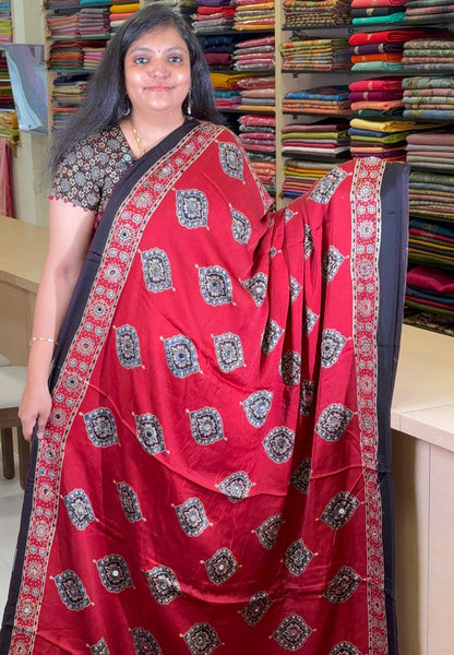 Pure Modal Silk Saree-Original Mirror Work &Traditional Printed Motifs - Red