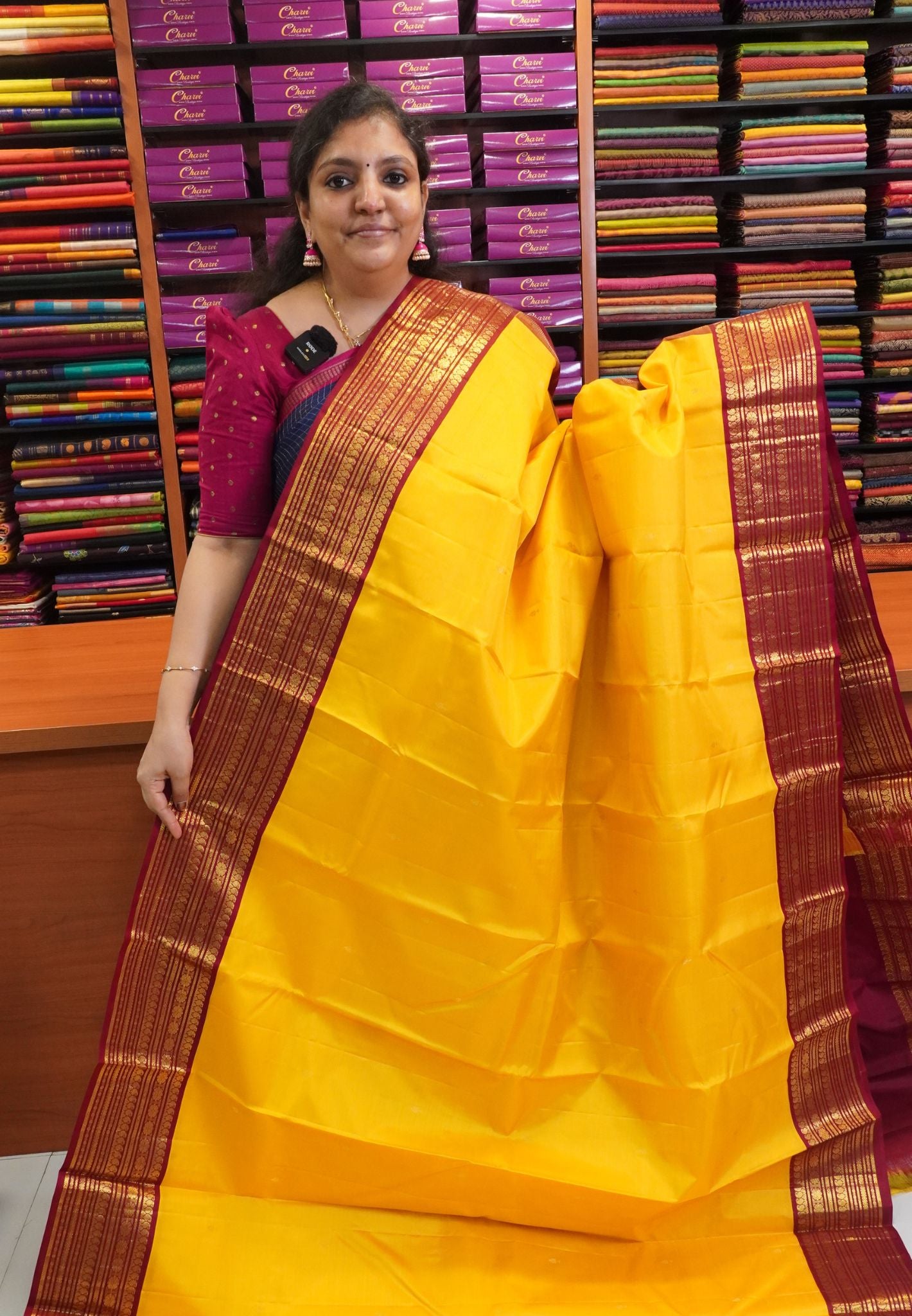 Pure Kanchipuram Silk Saree - Mango Yellow - Maroon