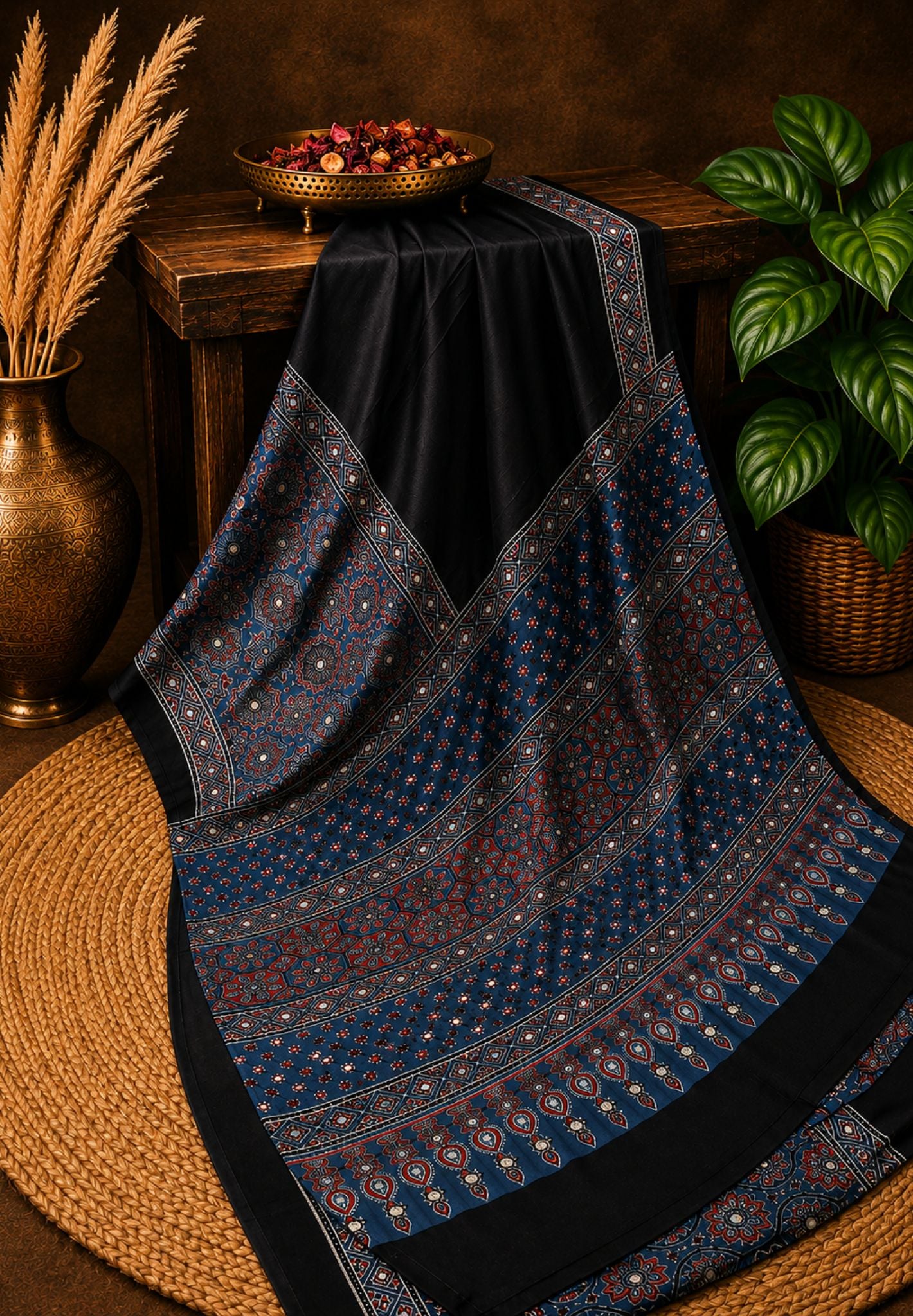 Pure Modal Saree-Black with Mirror Work in Ajrakh Pattern