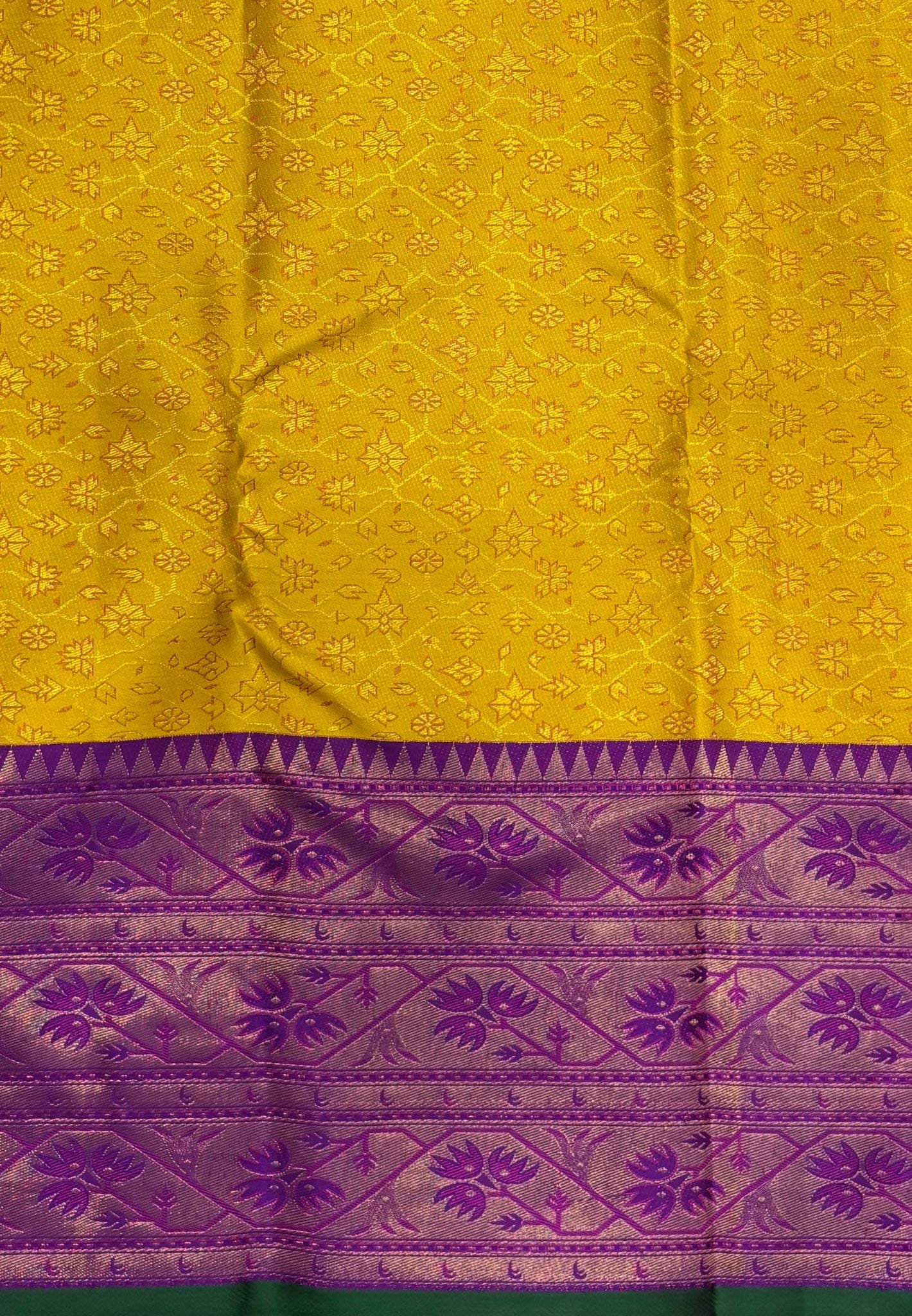 Pure Kanchipuram Silk Saree-Yellow in Floral Geometric Panel Zari with Contrast Border