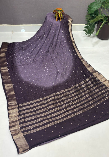 Banarasi Bandeji Saree-Metalic Violet in Horizontal Stripe Zari Border