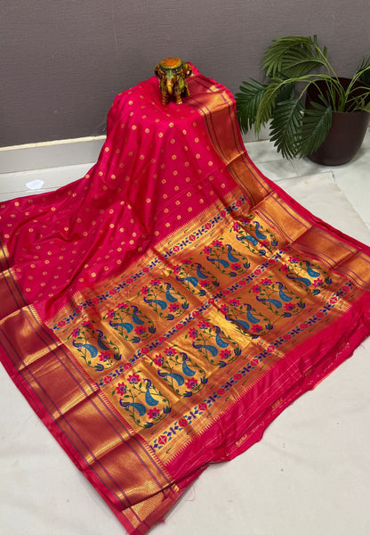 Traditional Peacock Floral Brocade Border - Rani Pink