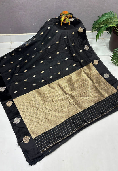 Art Silk Kota Saree-Black In Geometric Zari Brocade Border