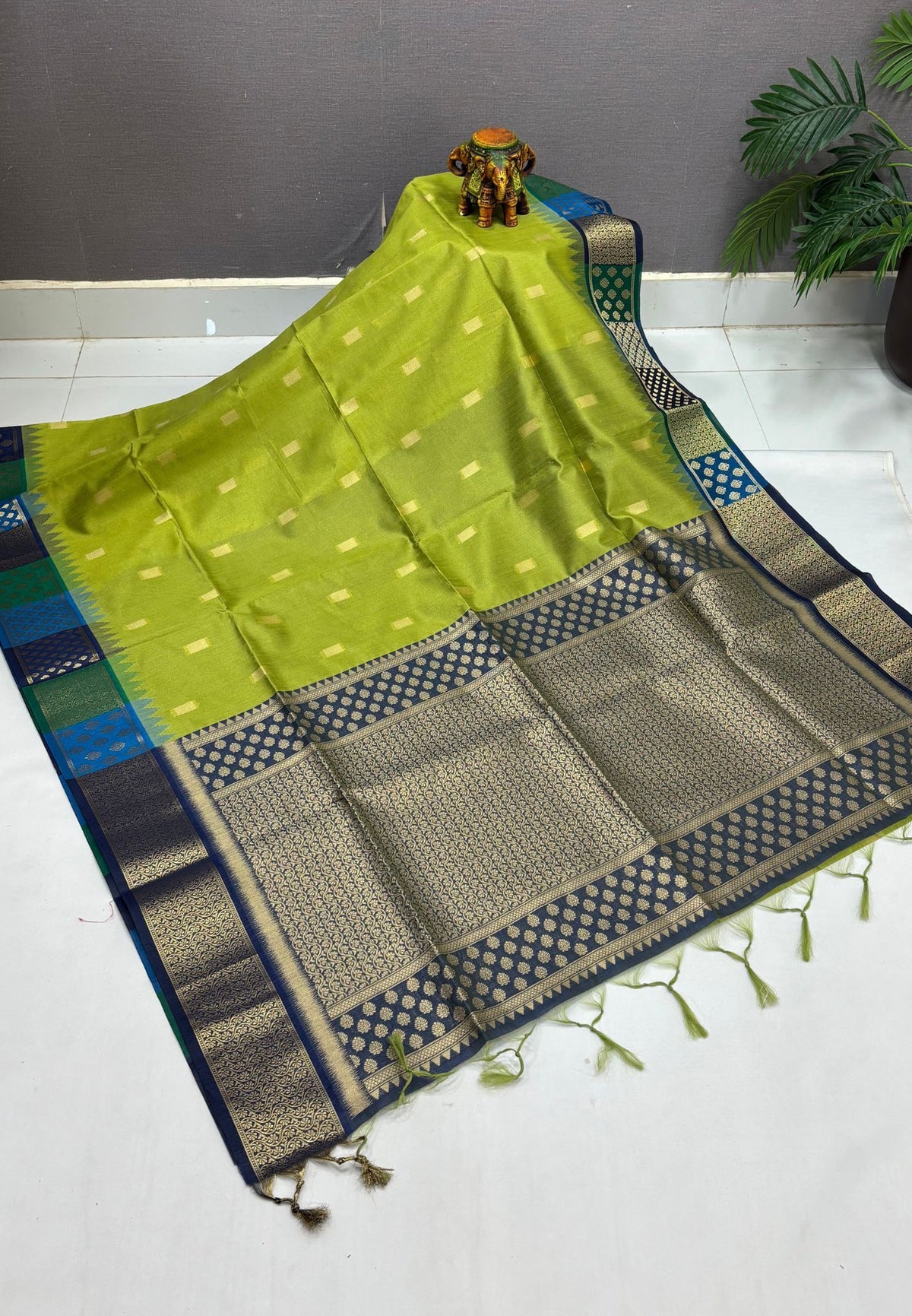 Raw Silk Saree-Olive Green In Brocade Floral Panel Border