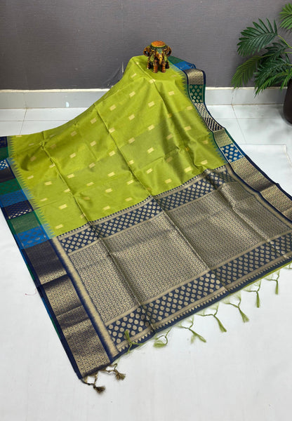 Raw Silk Saree-Olive Green In Brocade Floral Panel Border