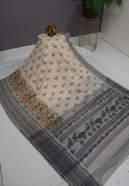 Pure Cotton Saree-Cream with Grey in Pichwai Pattern