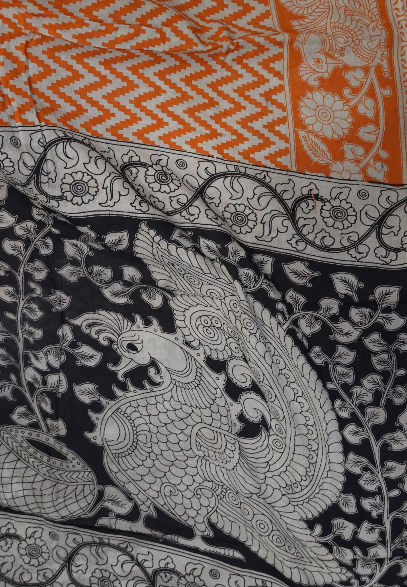 Kalamkari Cotton Saree – Orange & Ivory Heritage Print