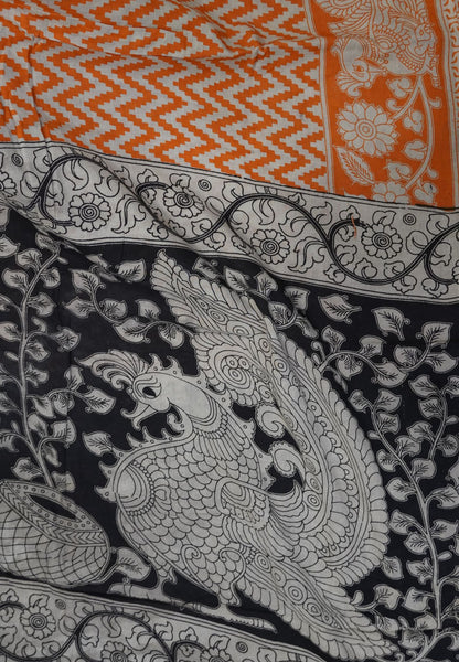 Kalamkari Cotton Saree – Orange & Ivory Heritage Print