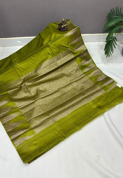 Pure Tussar Saree-Lime Green In Tazhalampoo Zari Border