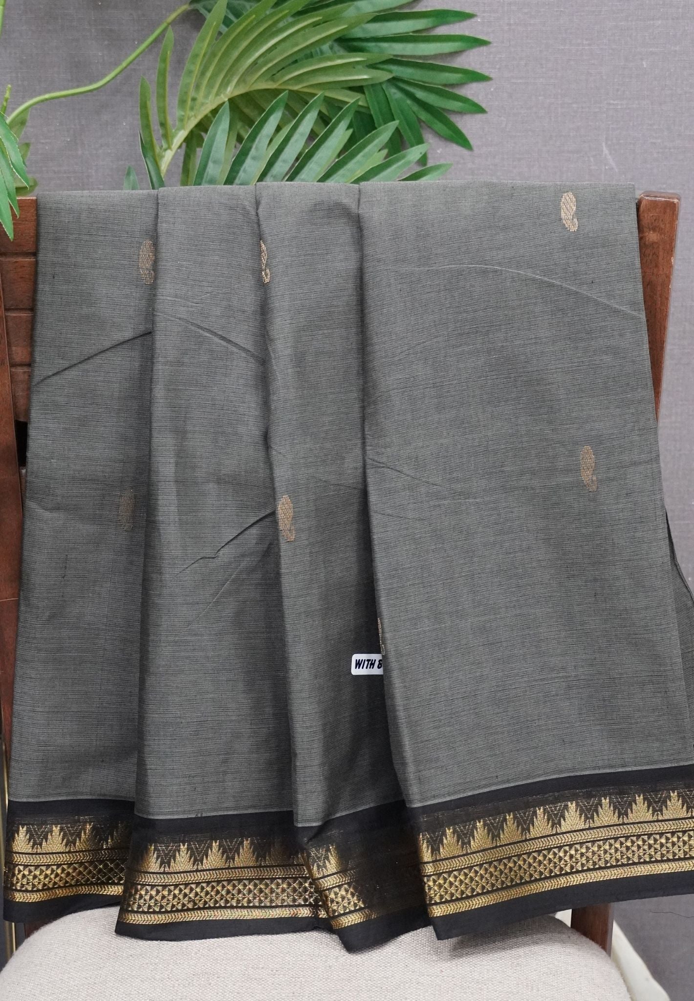 Chettinadu Cotton Saree-Elephant Grey with Contrast Black Zari Border & Gold Mango Buttas