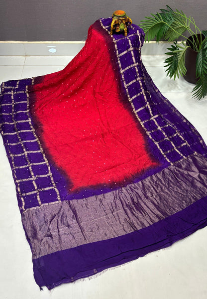 Banarasi Bandeji Saree-Brick Red in Zari Checks with Contrast Border
