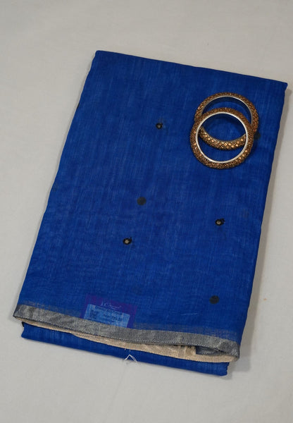Linen Saree - Blue with Mirror Work
