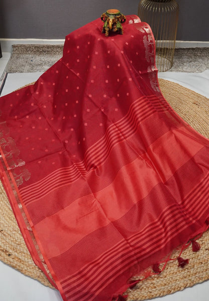 Raw Silk Saree-With Tree and Elephant-Red