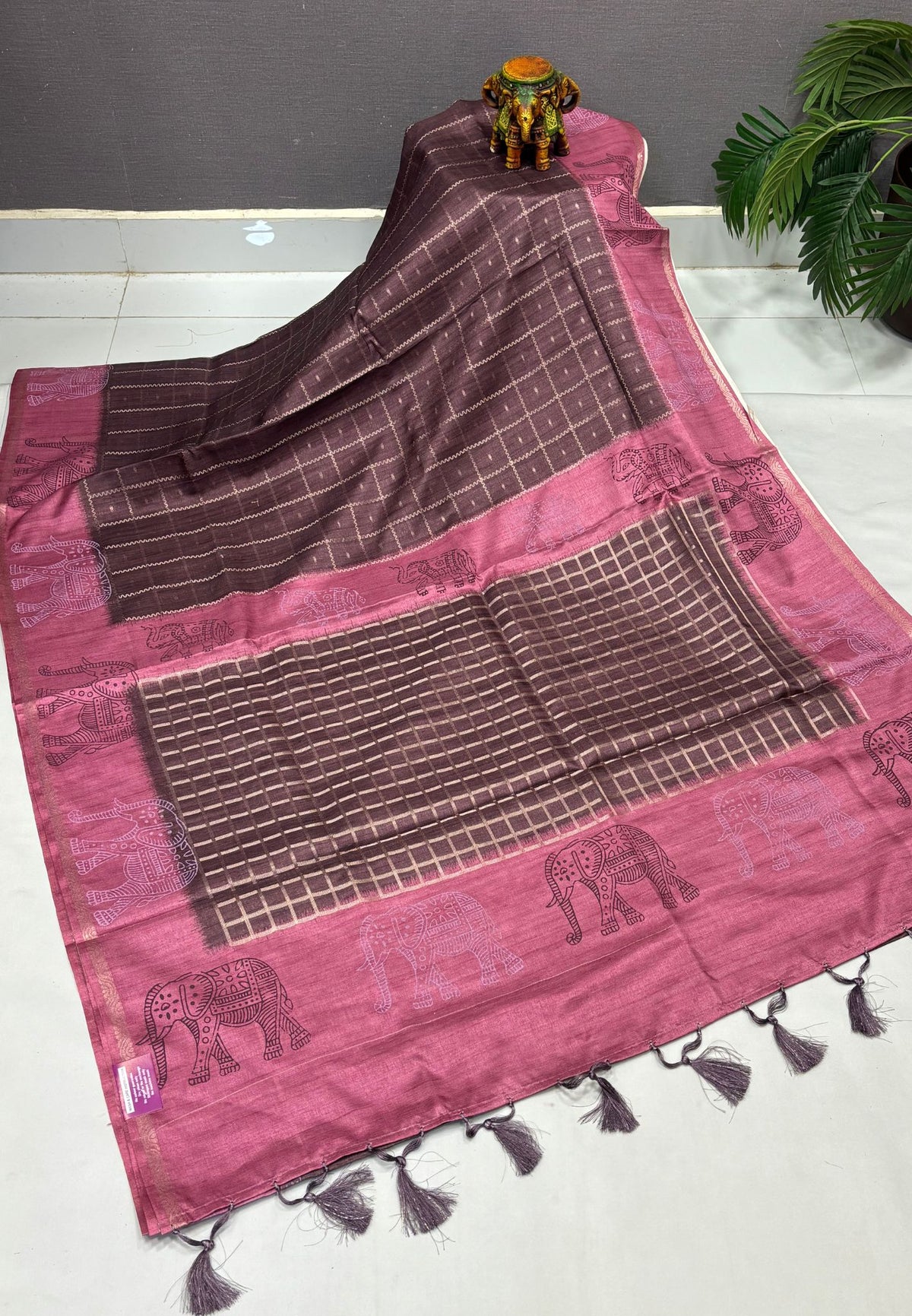 Semi Tussar Saree-Brown in Traditional Elephant Motif Zari with Contrast Border