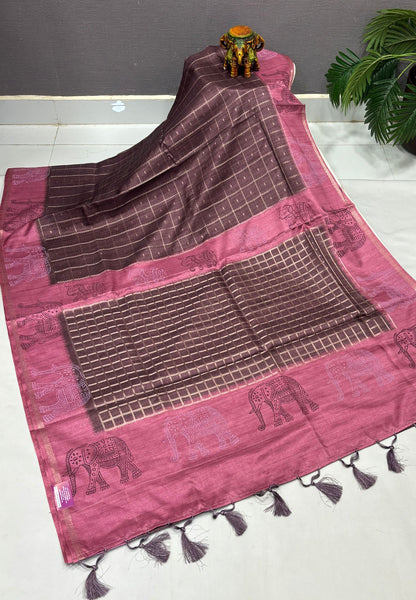 Semi Tussar Saree-Brown in Traditional Elephant Motif Zari with Contrast Border