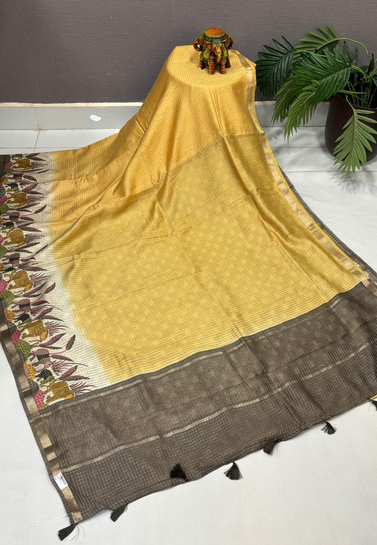 Chanderi Saree-Yellow in Elephant Checks Border