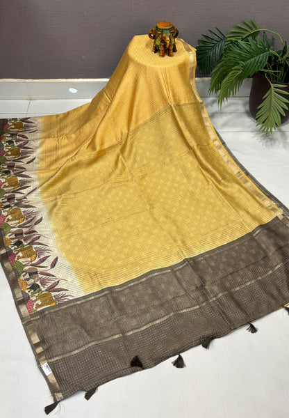 Chanderi Saree-Yellow in Elephant Checks Border
