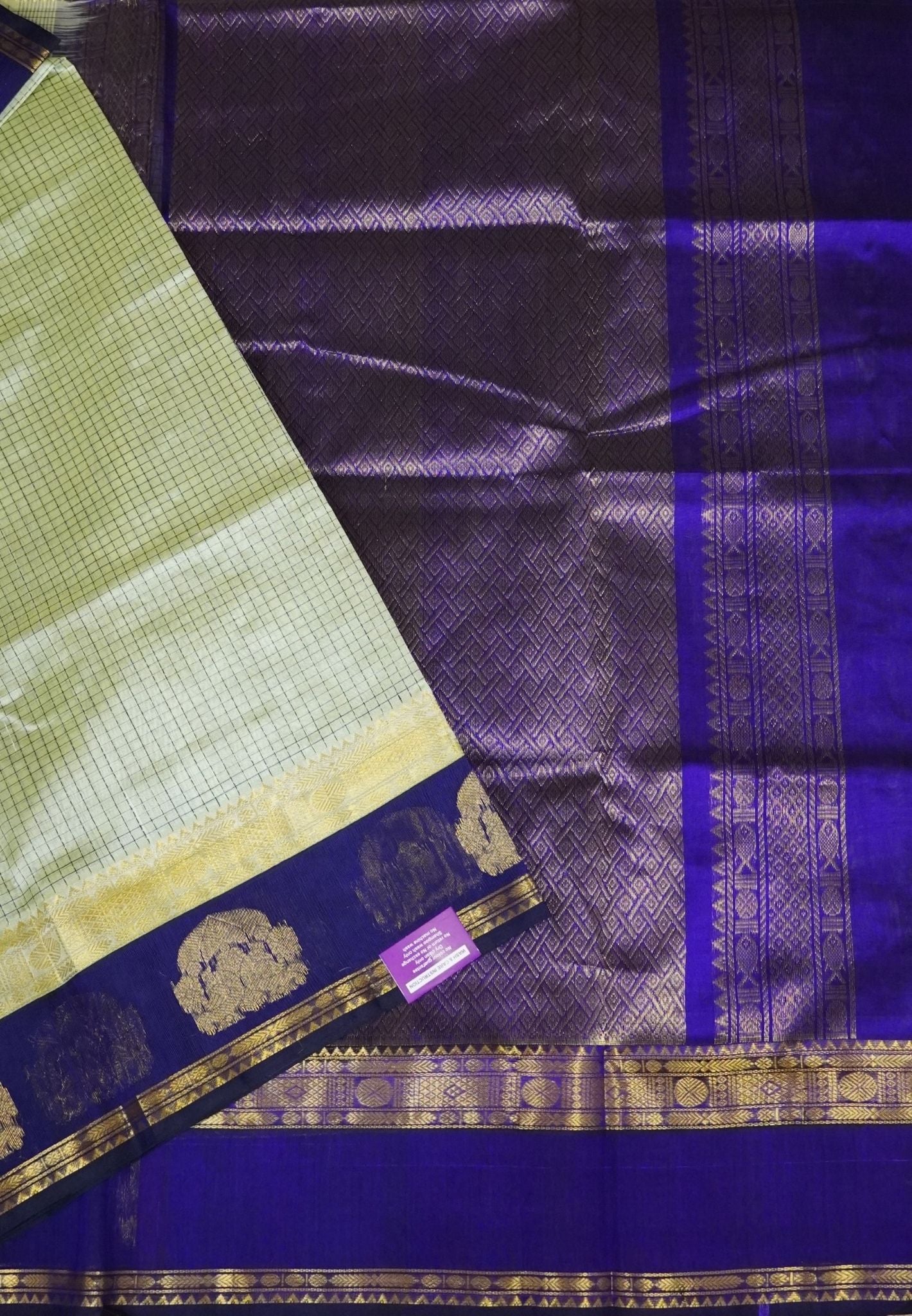 Pure Silk Cotton Saree – Elachi Green in Zari Checks with Contrast Border