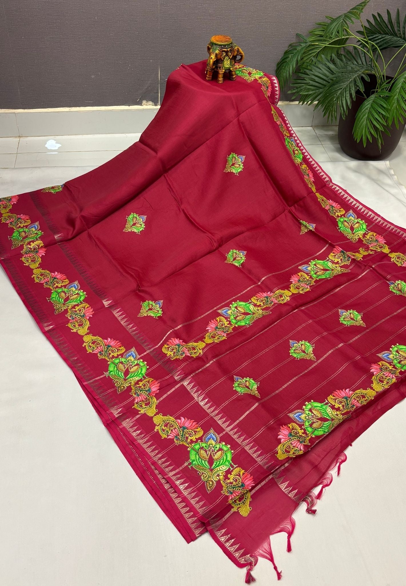 Pure Mangalgiri Silk Saree-Maroon Temple with Tanjore Print