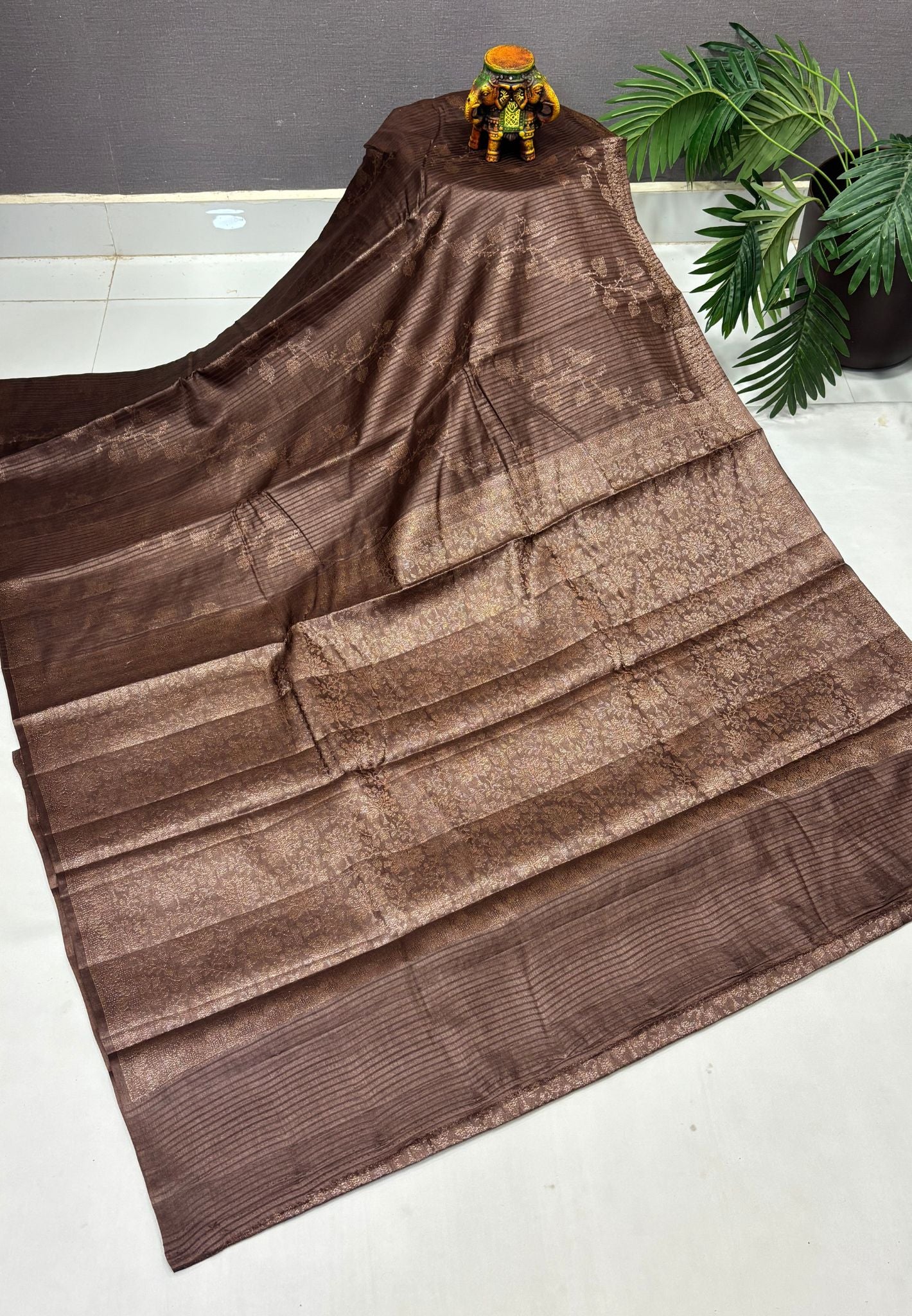 Pure Tussar Saree-Brown in Floral Vine Brocade Border