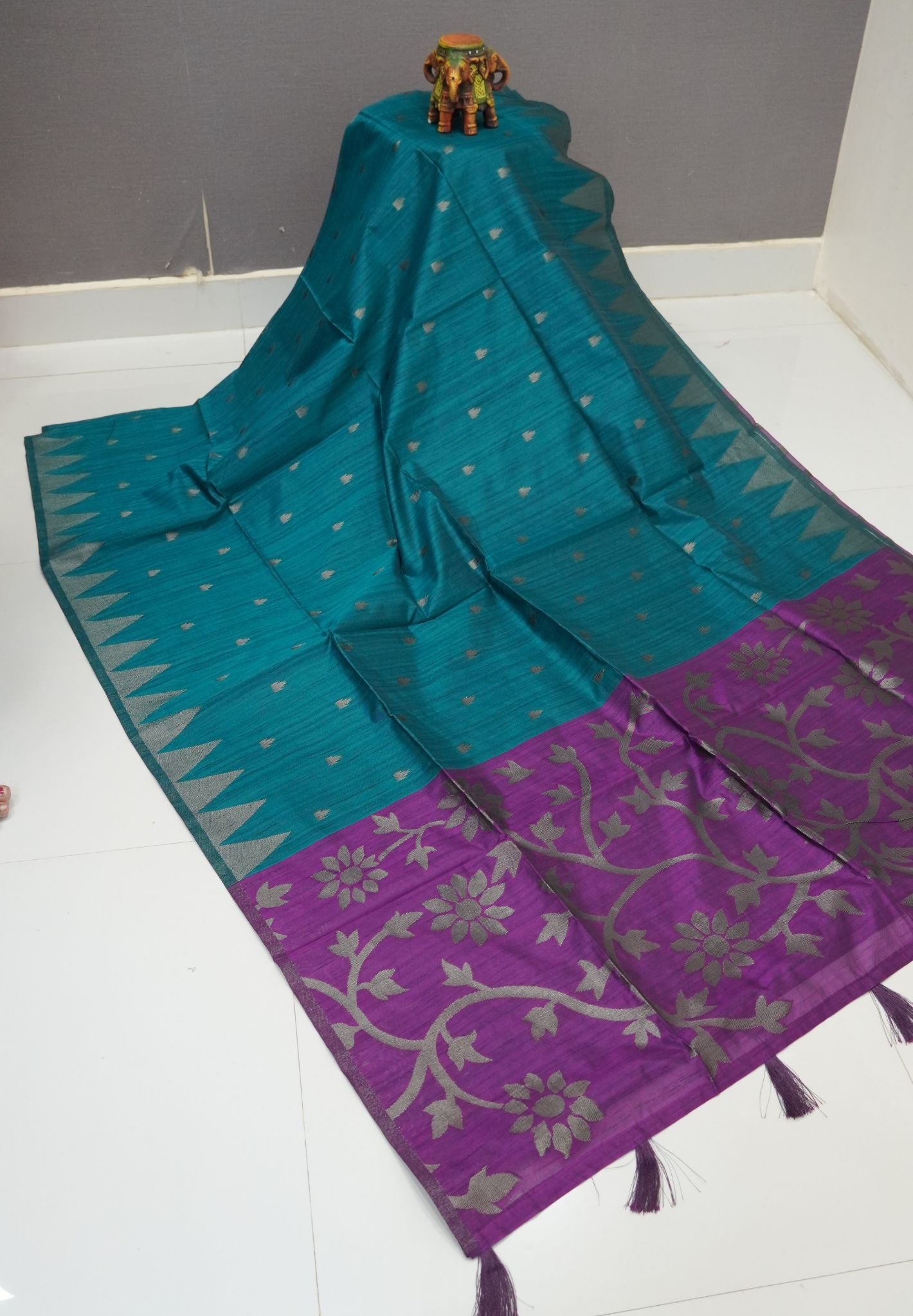Semi Raw Silk Saree-Green in Antique Silver Zari Butta with Tower Border