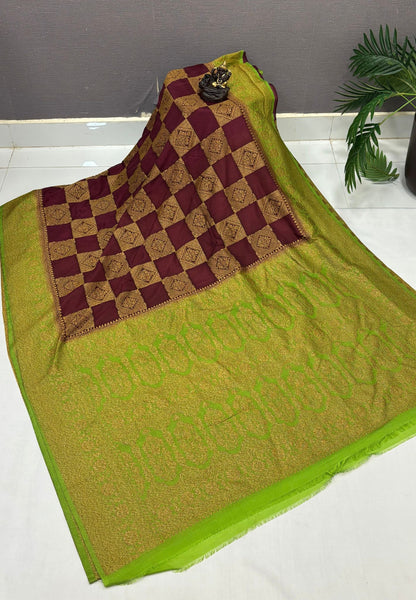 Banarasi Crepe Saree-Light Green In Square Check Brocade With Contrast Border