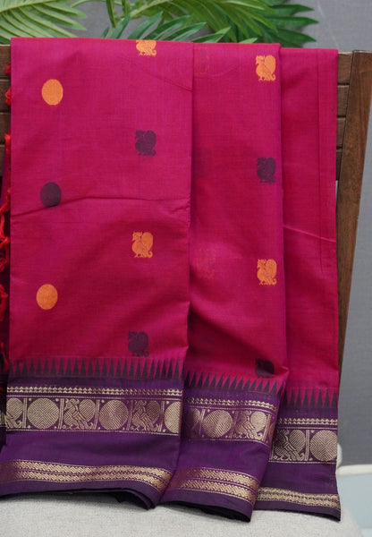 Chettinad Cotton Saree–Rani Pink-Wine Purple with Heritage Zari Border