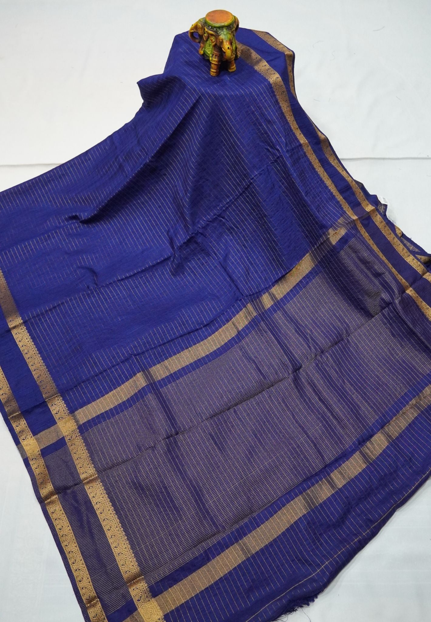 Semi Raw Silk Saree – Classic Zari Stripes - Navy Blue