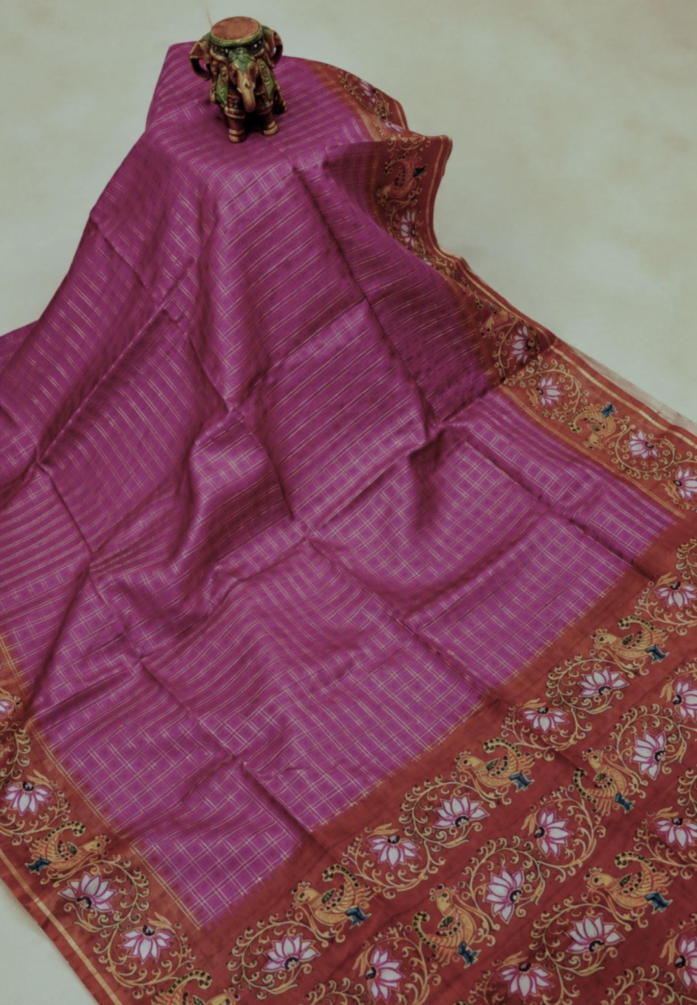 Premium Matka Tussar Saree-Pink with Contrast Border in Tanjore Print