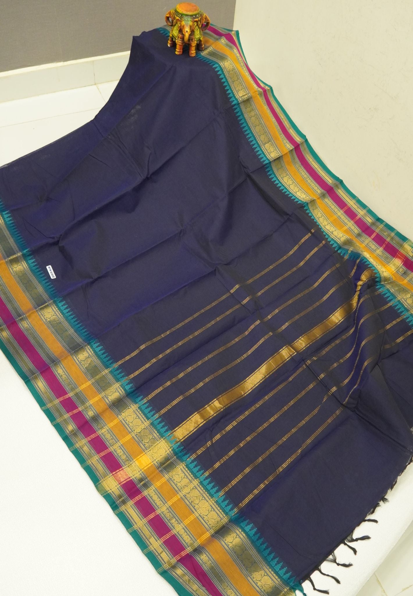 Chettinadu Cotton Saree-Navy Blue with Varisapet Border