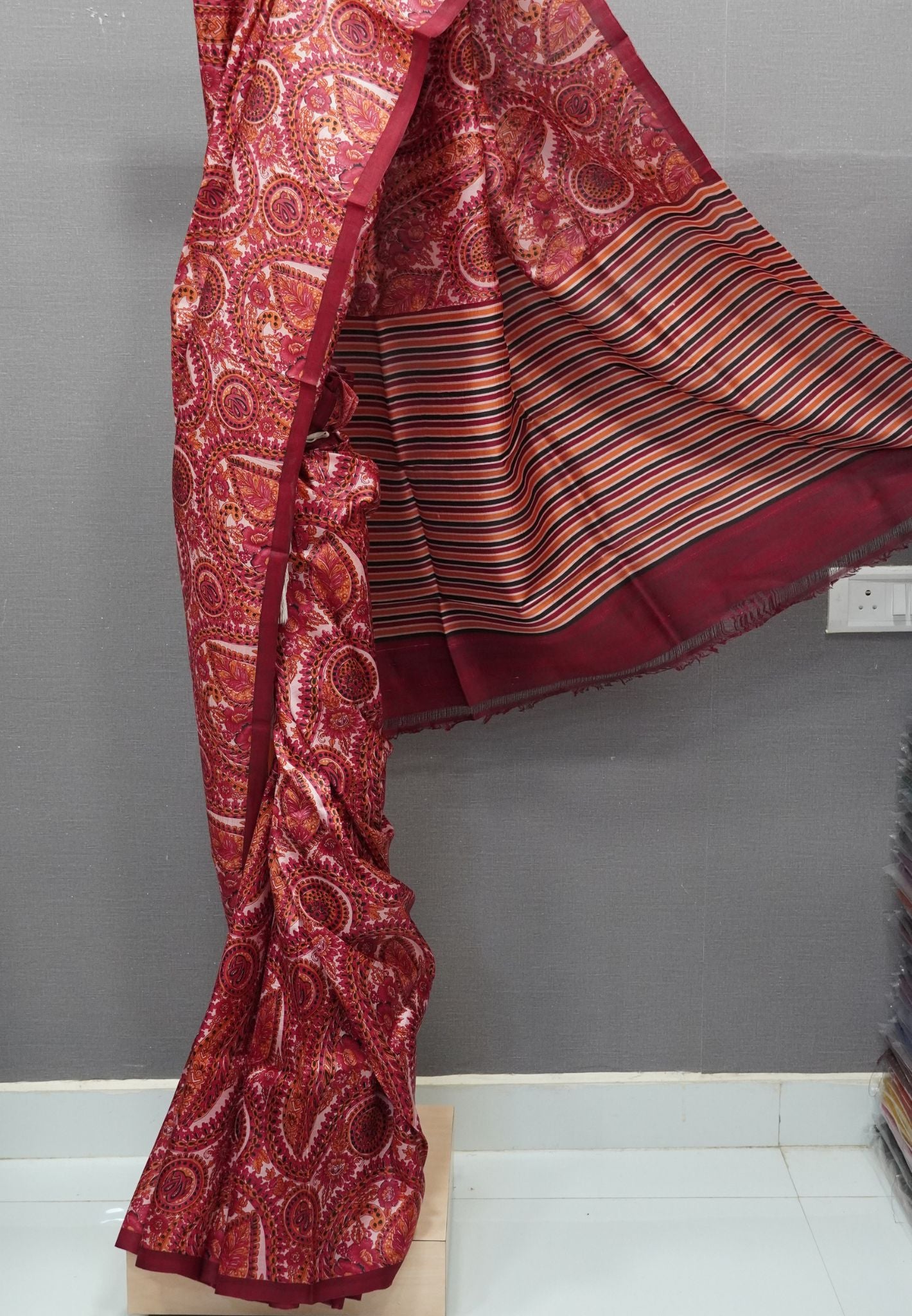 Pure Tussar Saree-Red in Paisley Pattern