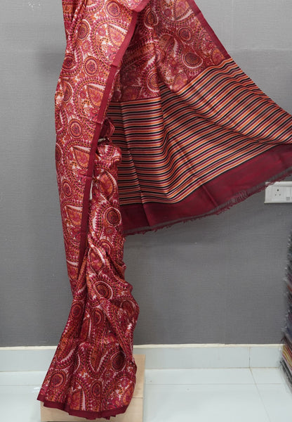 Pure Tussar Saree-Red in Paisley Pattern