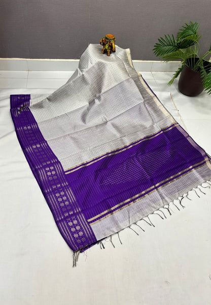 Raw Silk Saree-Grey in 1000 Butta with Contrast Zari Border