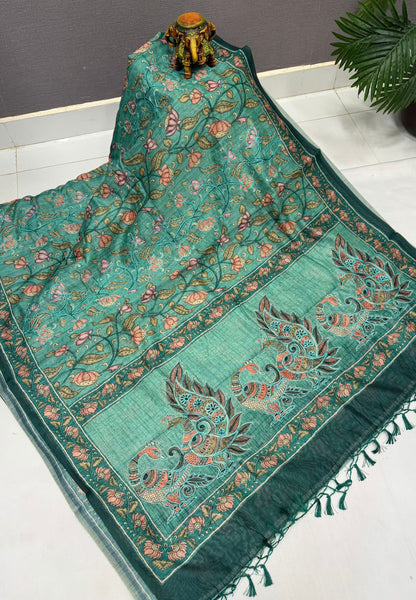 Chanderi Saree-Light Green In Floral Peacock Border