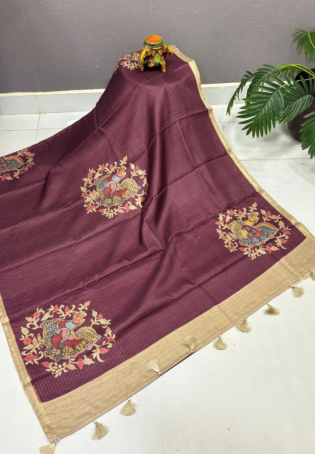 Soft Tussar Saree-Wine In Kalamkari Peacock Border
