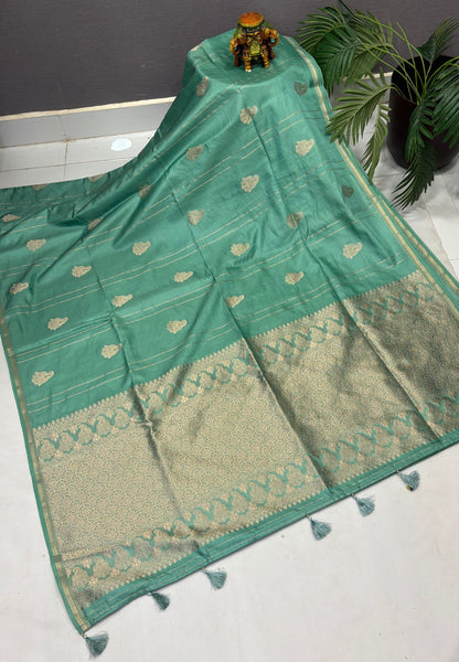 Gaji Silk Saree-Sea Foam in Paisley Jhumka Zari Border