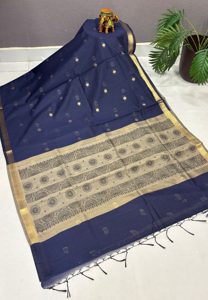 Handloom Cotton Saree-Blue in Mini Chakra Zari Border