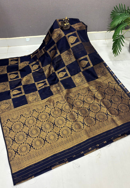 Soft Jute Tussar Saree-Navy Blue In Square Check Zari Border
