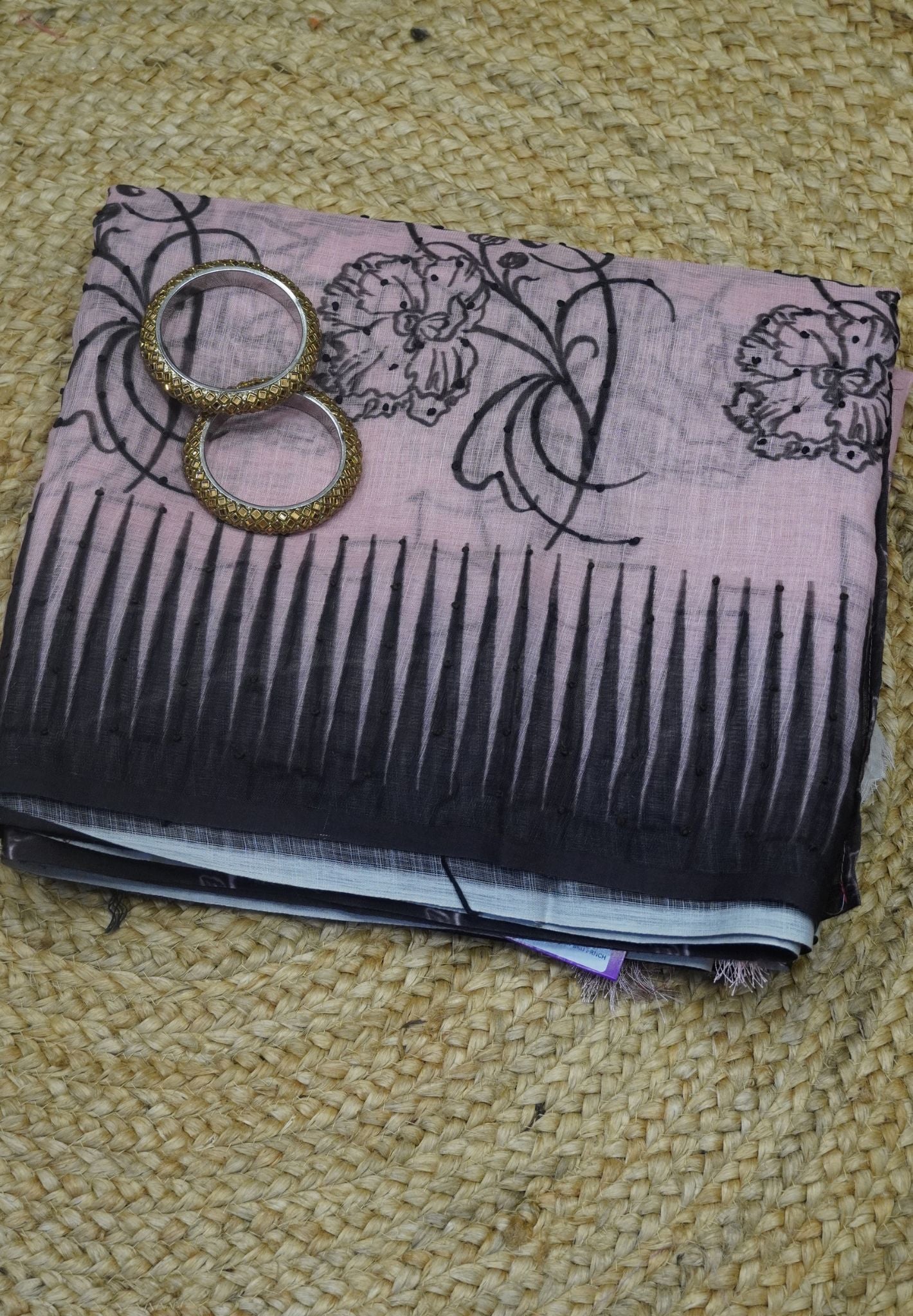 Linen Cotton Saree- Light Pink with French Knot