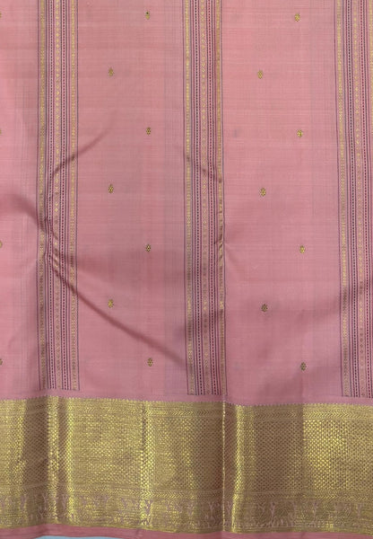 Pure Kanchipuram Silk Saree-Peach Bridal In Geometric Zari Line with Contrast Border