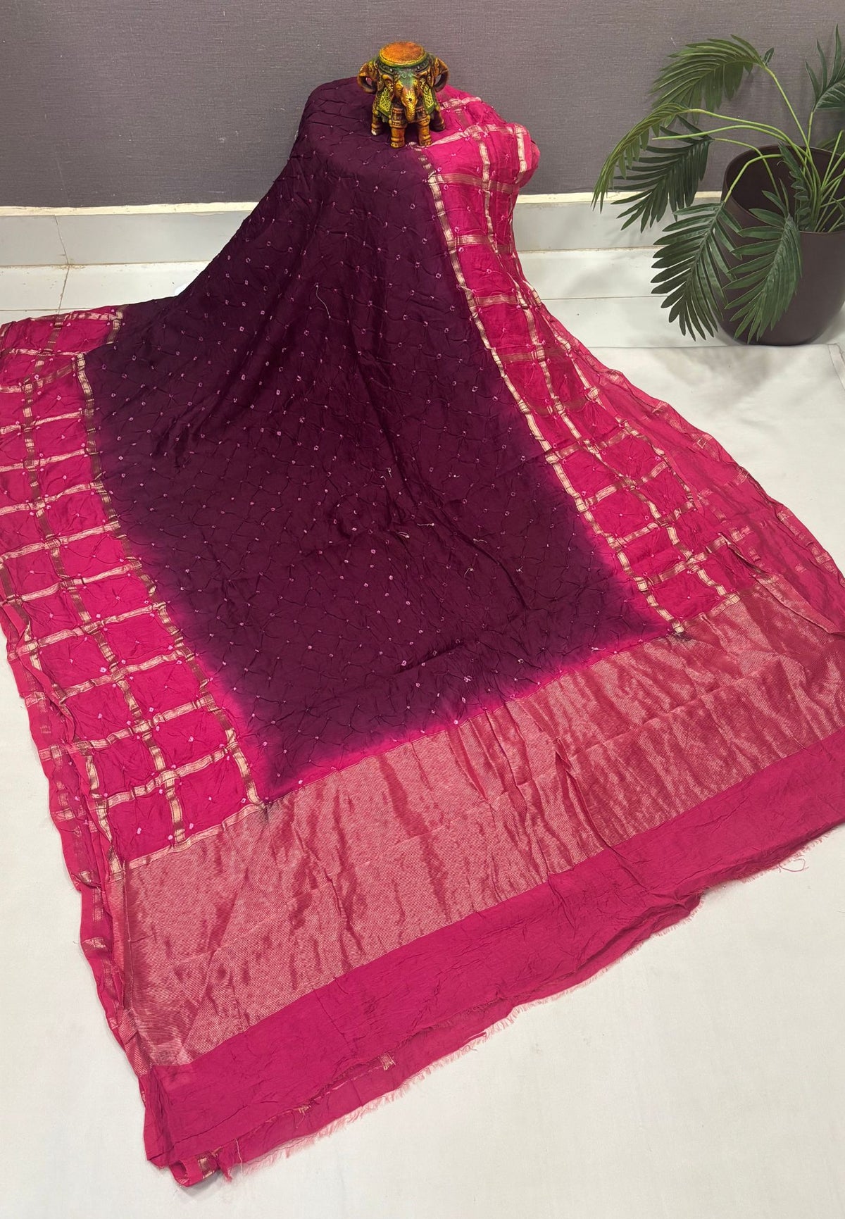 Banarasi Bandeji Saree-Wine in Zari Checks with Contrast Border